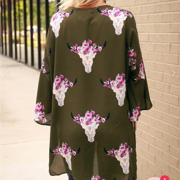 Peach Love green Texas longhorn floral print kimono size small - Picture 3 of 11